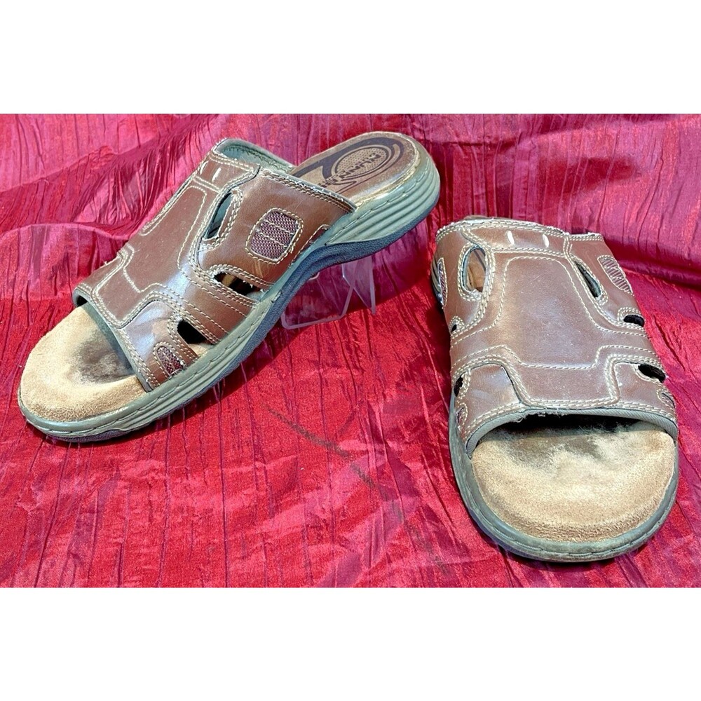Mens Nunn Bush Brown Faux Leather Slip On Glides Sandals sz 8M